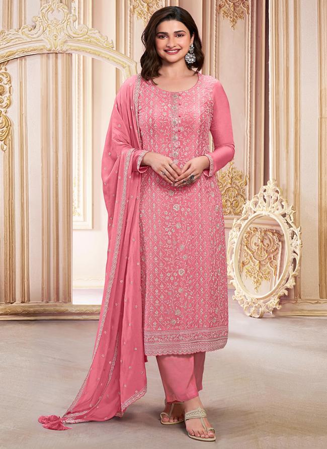 Georgette Pink Wedding Wear Embroidery Work Straight Suit